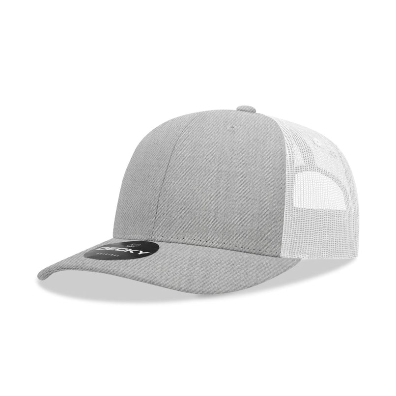 6021-4HGYWHT 6 Panel Mid Profile Structured Cotton Blend Trucker Cap, Heather Grey & White - One Size Fits Most