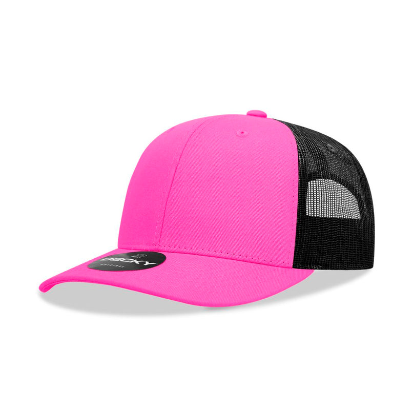 6021-4HPKBLK 6 Panel Mid Profile Structured Cotton Blend Trucker Cap, Hot Pink & Black - One Size Fits Most