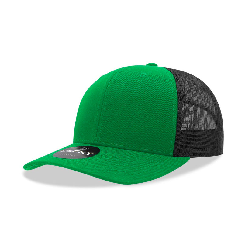 6021-4KELBLK 6 Panel Mid Profile Structured Cotton Blend Trucker Cap, Kelly & Black - One Size Fits Most