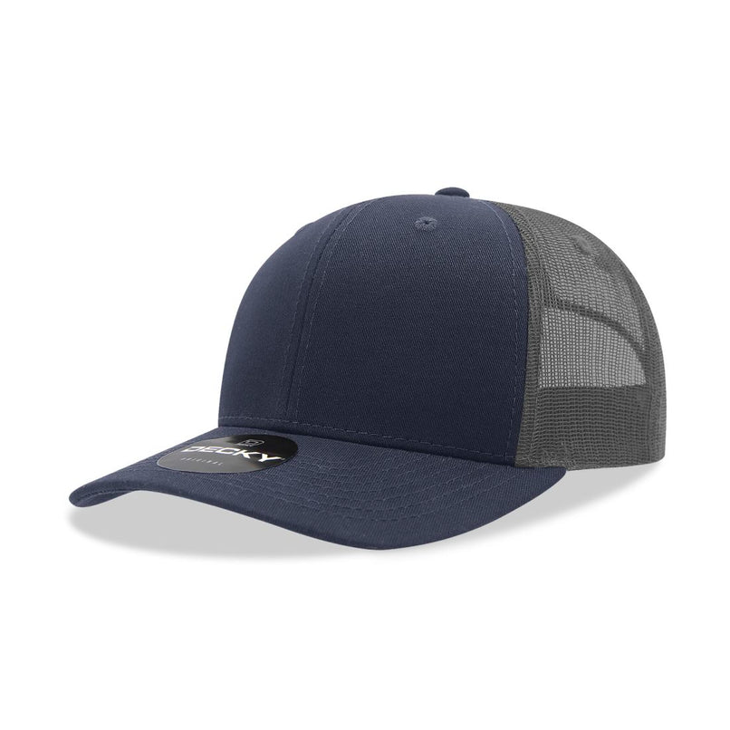 6021-4NVYCHA 6 Panel Mid Profile Structured Cotton Blend Trucker Cap, Navy & Charcoal - One Size Fits Most