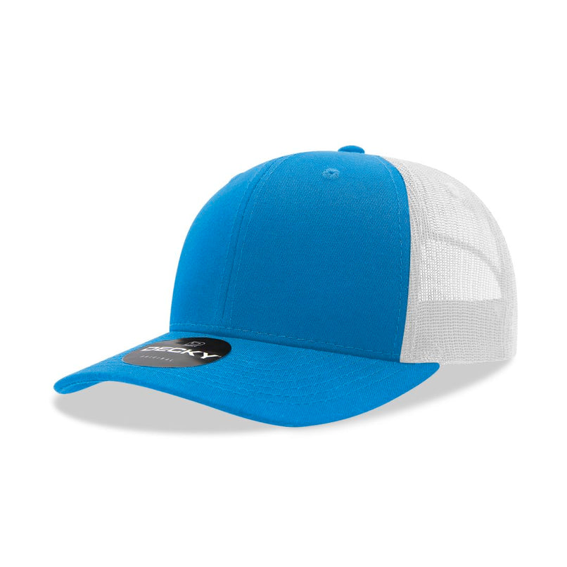 6021-4SKYWHT 6 Panel Mid Profile Structured Cotton Blend Trucker Cap, Sky & White - One Size Fits Most