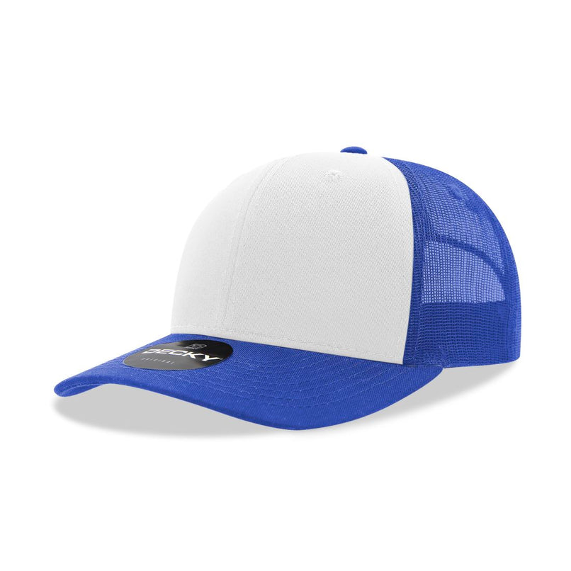 6021-5RYLWHTRYL 6 Panel Mid Profile Structured Cotton Blend Trucker Cap, Royal & White - One Size Fits Most