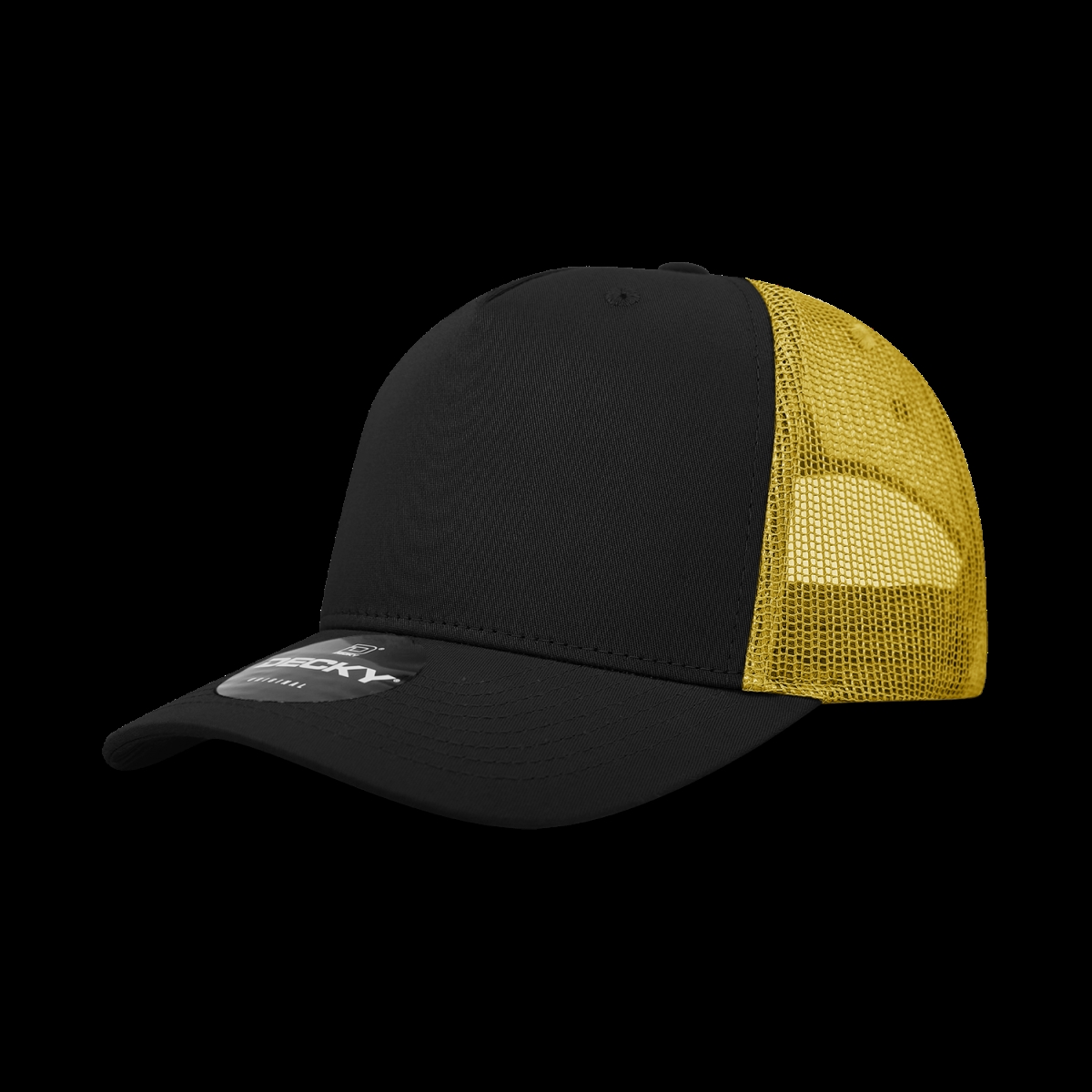 6030-4BLKGLD 5 Panel Mid Profile Structured Cotton Blend Trucker Hats, Black & Gold - One Size Fits Most
