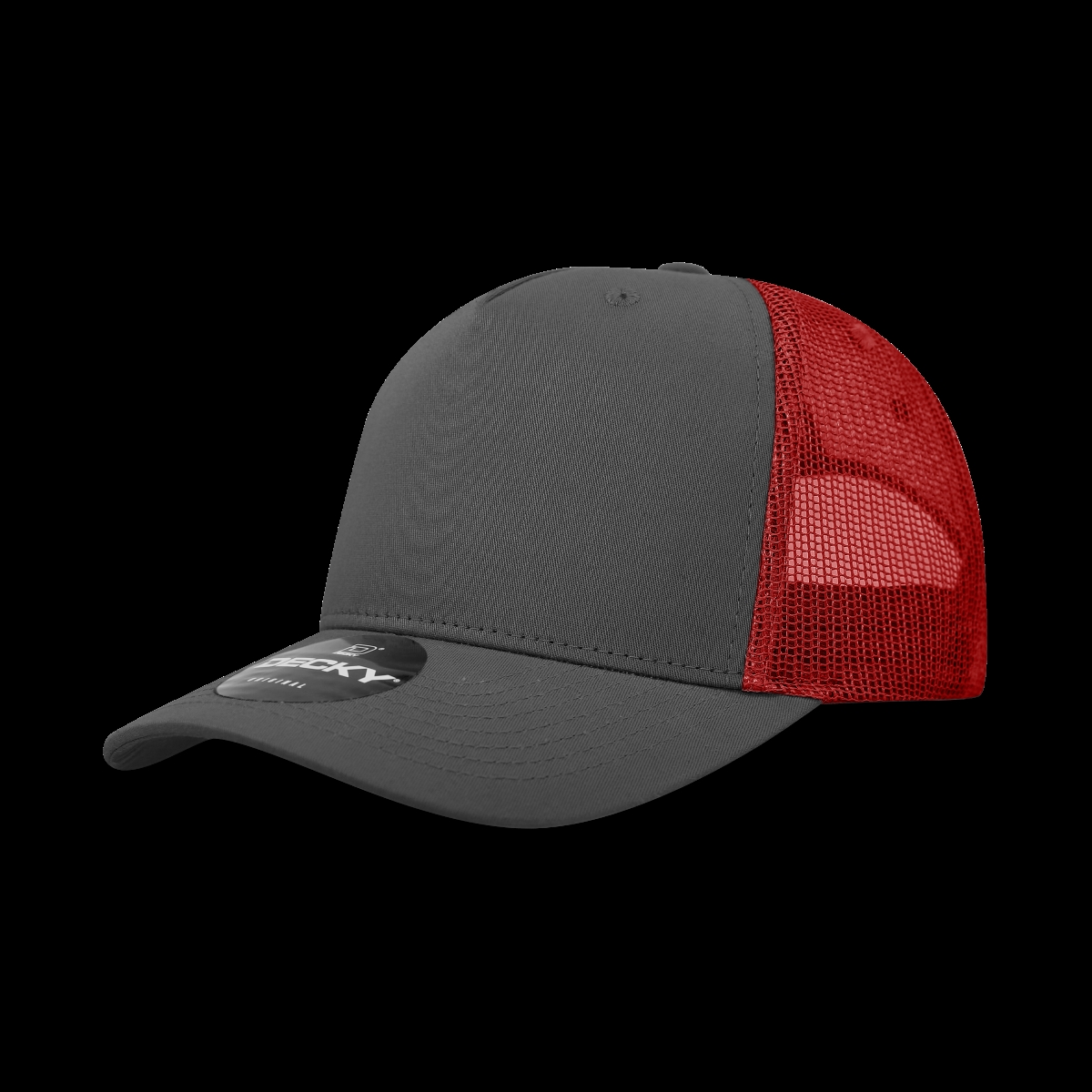 6030-4CHARED 5 Panel Mid Profile Structured Cotton Blend Trucker Hats, Charcoal & Red - One Size Fits Most