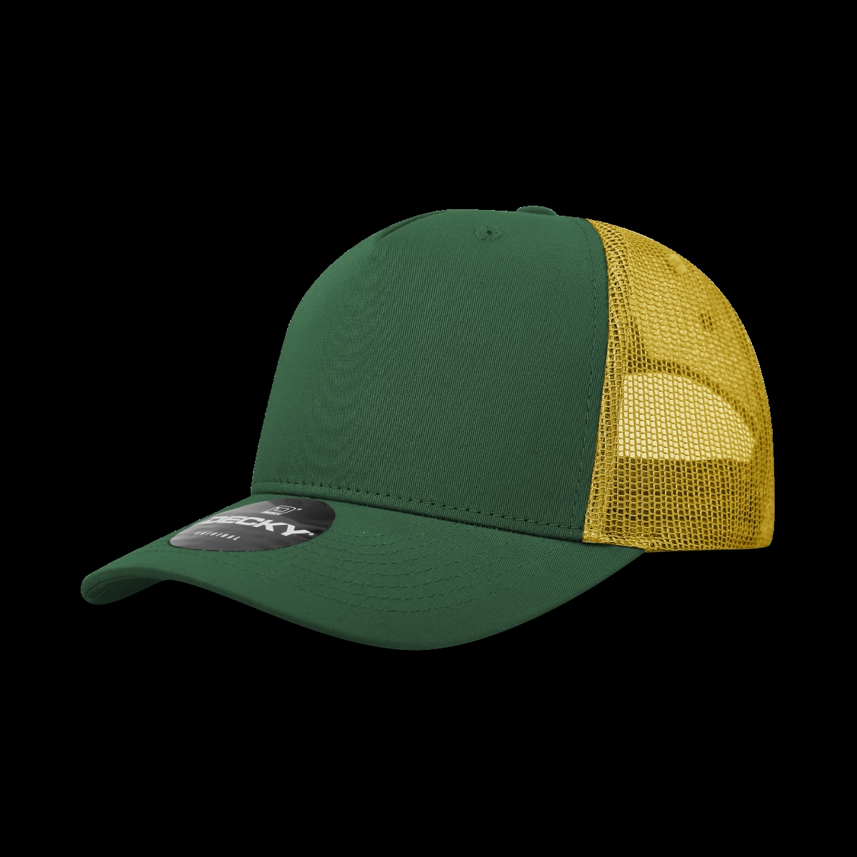6030-4FORGLD 5 Panel Mid Profile Structured Cotton Blend Trucker Hats, Forest & Gold - One Size Fits Most