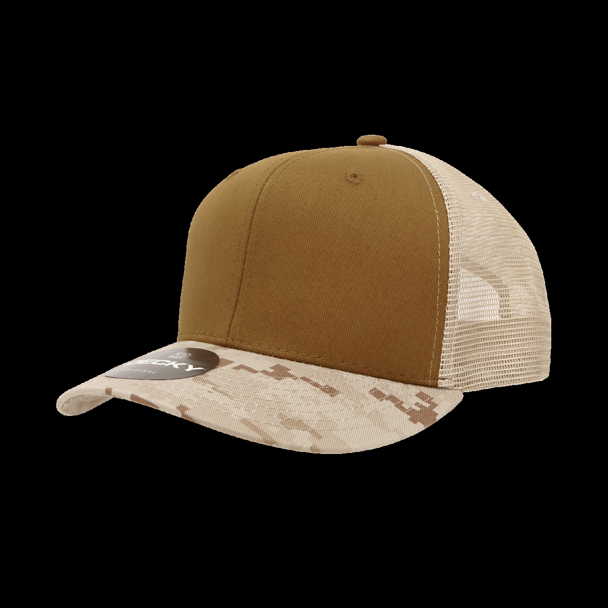 1054-DCK 6 Panel Mid Profile Structured Camo Trucker Hats, Desert Digital & Coyote - Khaki - One Size Fits Most