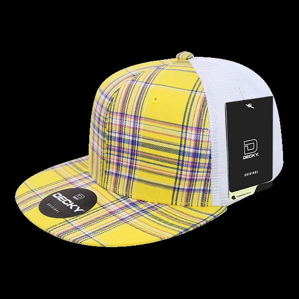 6015-103 6 Panel High Profile Structured Plaid Trucker Hats, 103-White - One Size Fits Most