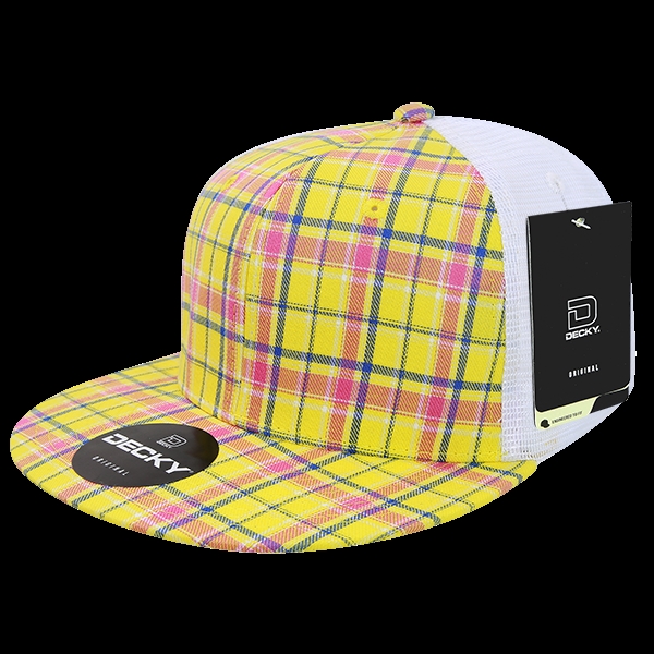 6015-105 6 Panel High Profile Structured Plaid Trucker Hats, 105-White - One Size Fits Most