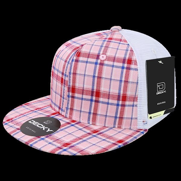 6015-106 6 Panel High Profile Structured Plaid Trucker Hats, 106-White - One Size Fits Most