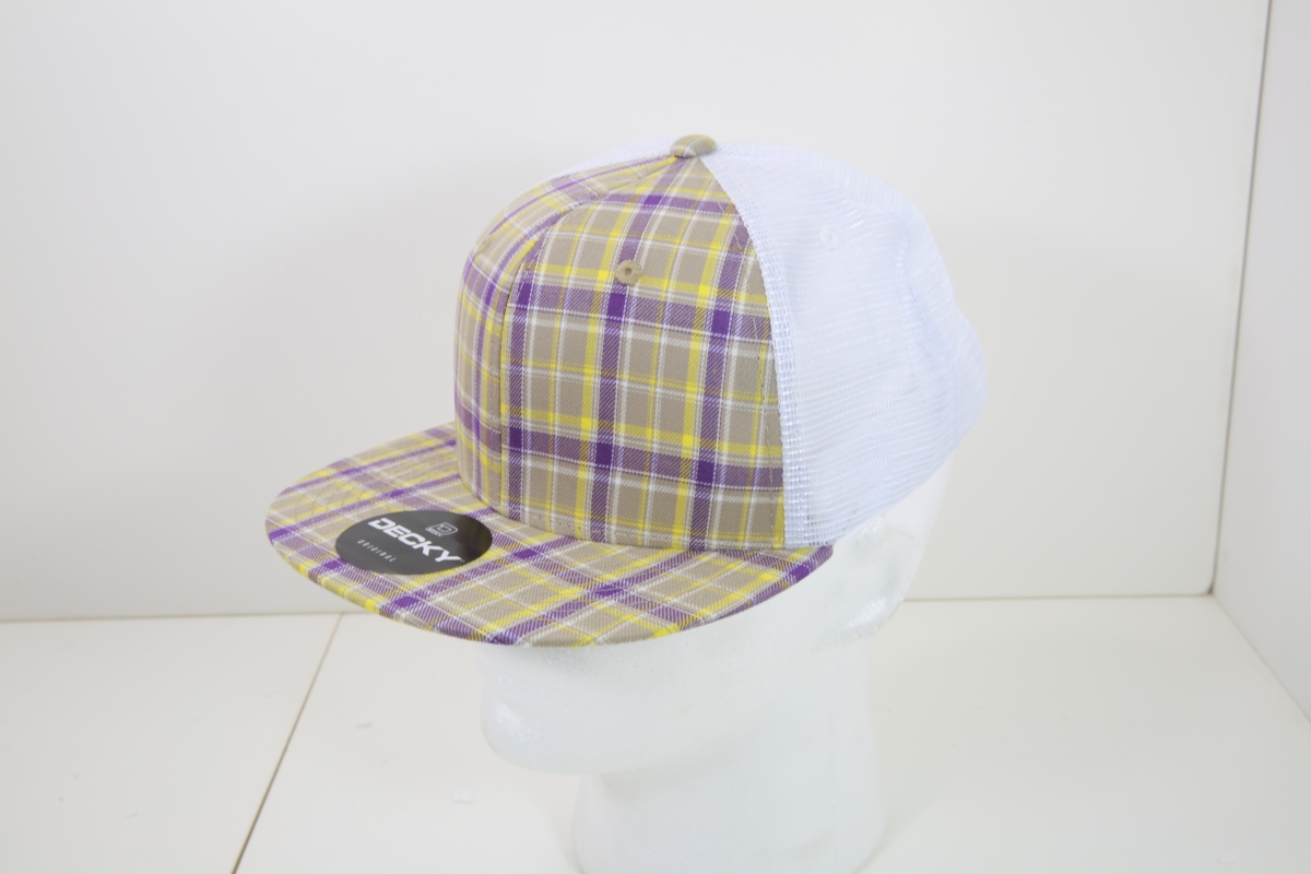 6015-111 6 Panel High Profile Structured Plaid Trucker Hats, 111-White - One Size Fits Most