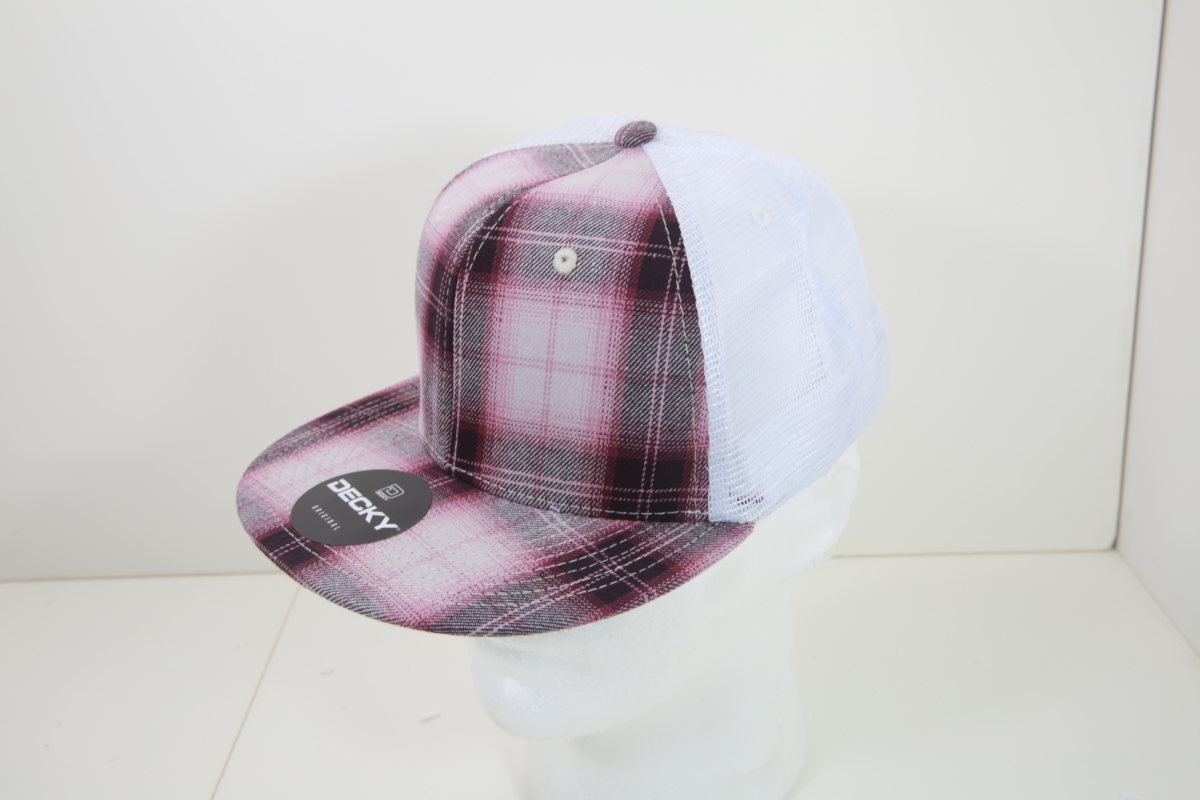 6015-118 6 Panel High Profile Structured Plaid Trucker Hats, 118-White - One Size Fits Most