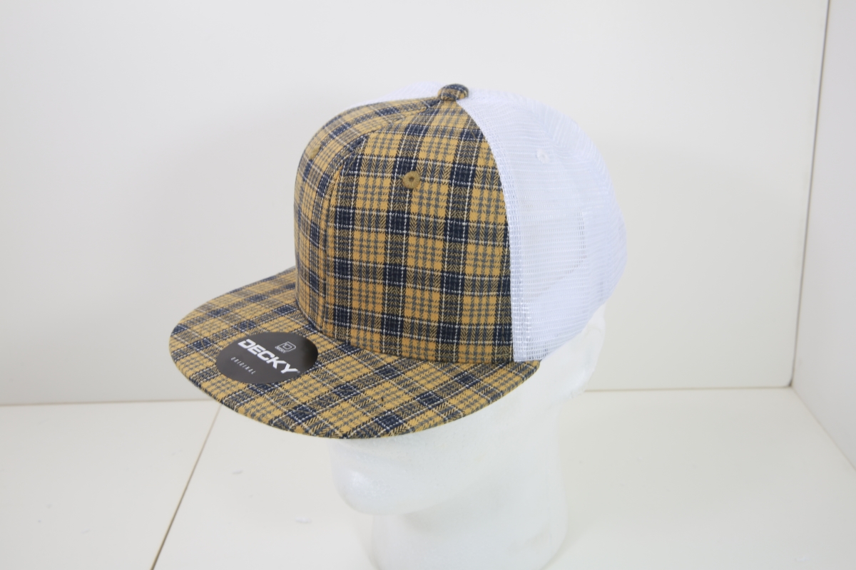 6015-121 6 Panel High Profile Structured Plaid Trucker Hats, 121-White - One Size Fits Most