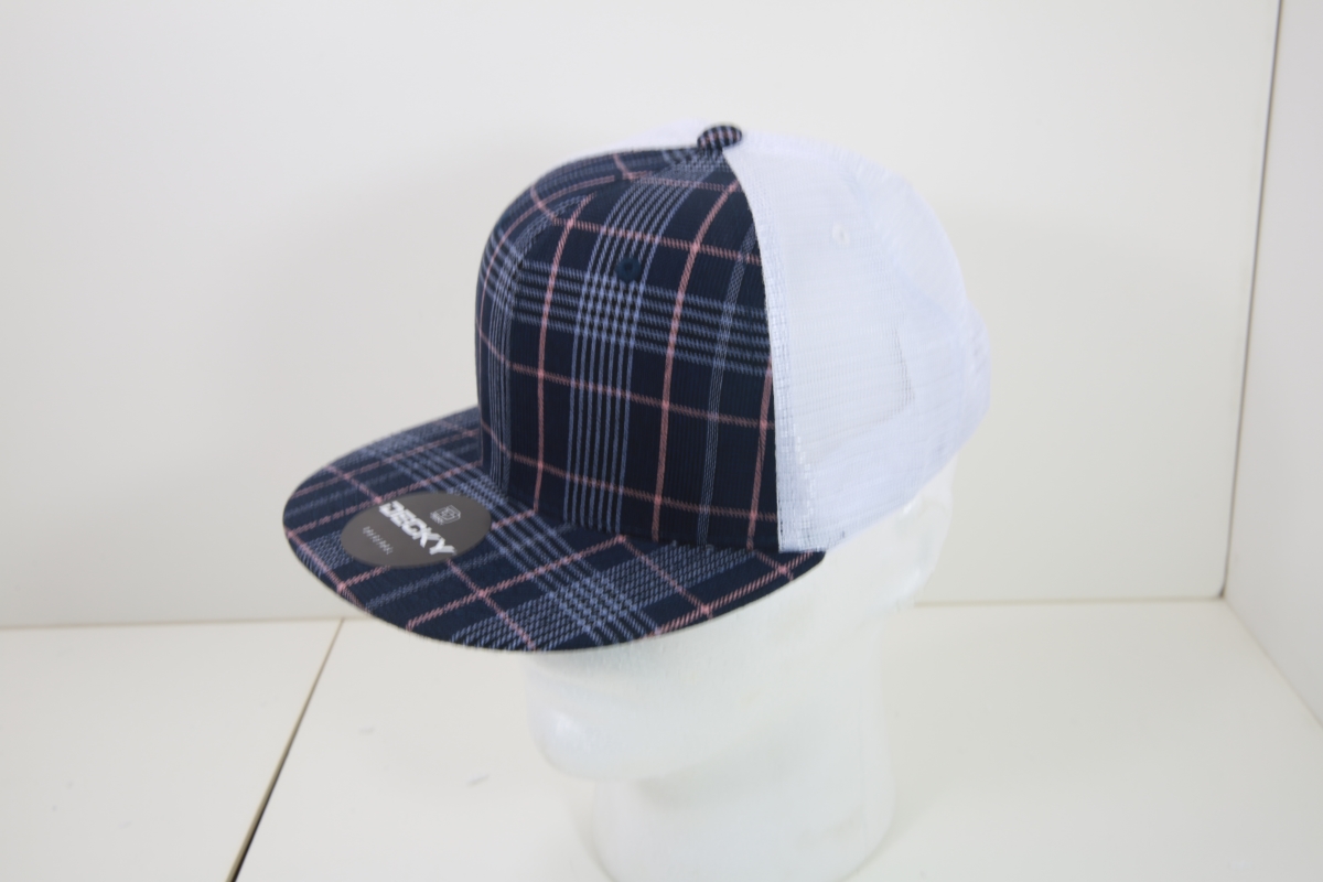 6015-123 6 Panel High Profile Structured Plaid Trucker Hats, 123-White - One Size Fits Most