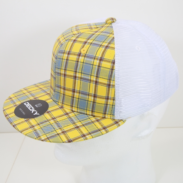6015-136 6 Panel High Profile Structured Plaid Trucker Hats, 136-White - One Size Fits Most