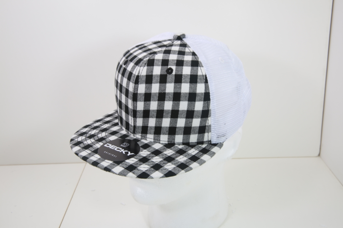 6015-151 6 Panel High Profile Structured Plaid Trucker Hats, 151-White - One Size Fits Most