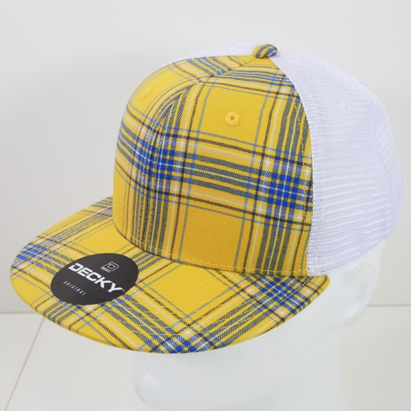 6015-173 6 Panel High Profile Structured Plaid Trucker Hats, 173-White - One Size Fits Most