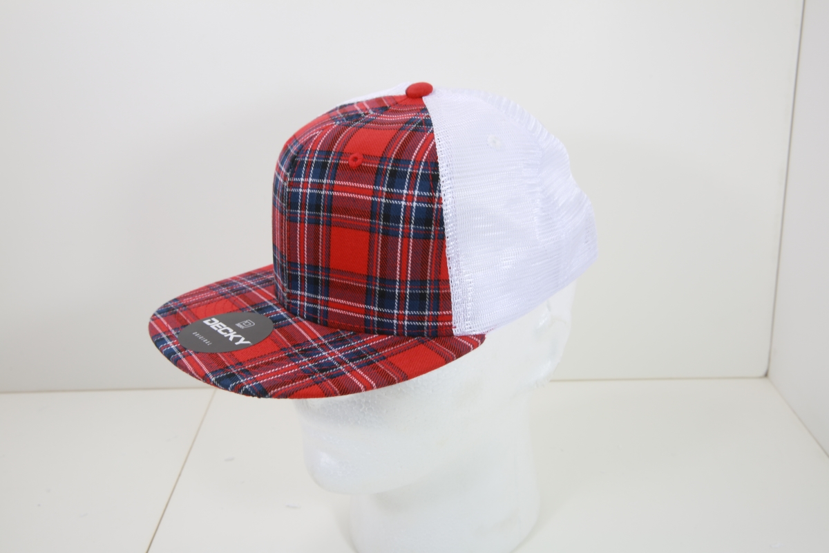 6015-180 6 Panel High Profile Structured Plaid Trucker Hats, 180-White - One Size Fits Most