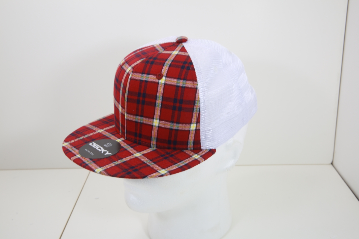6015-181 6 Panel High Profile Structured Plaid Trucker Hats, 181-White - One Size Fits Most