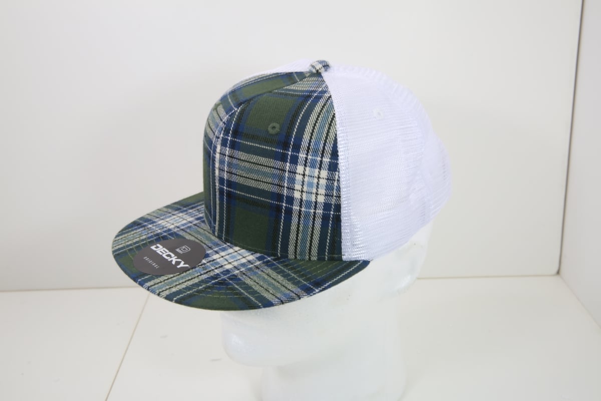 6015-185 6 Panel High Profile Structured Plaid Trucker Hats, 185-White - One Size Fits Most
