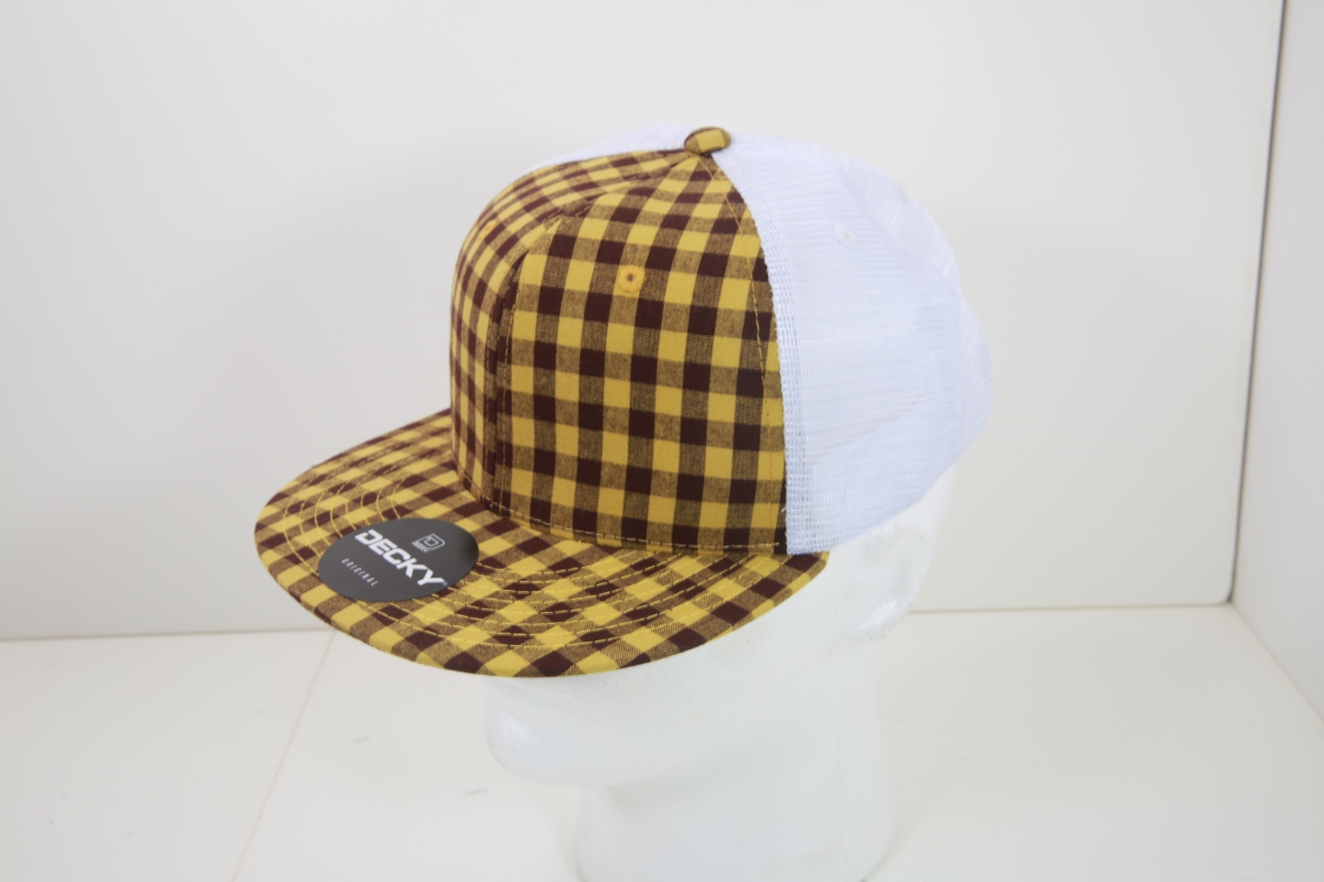 6015-186 6 Panel High Profile Structured Plaid Trucker Hats, 186-White - One Size Fits Most