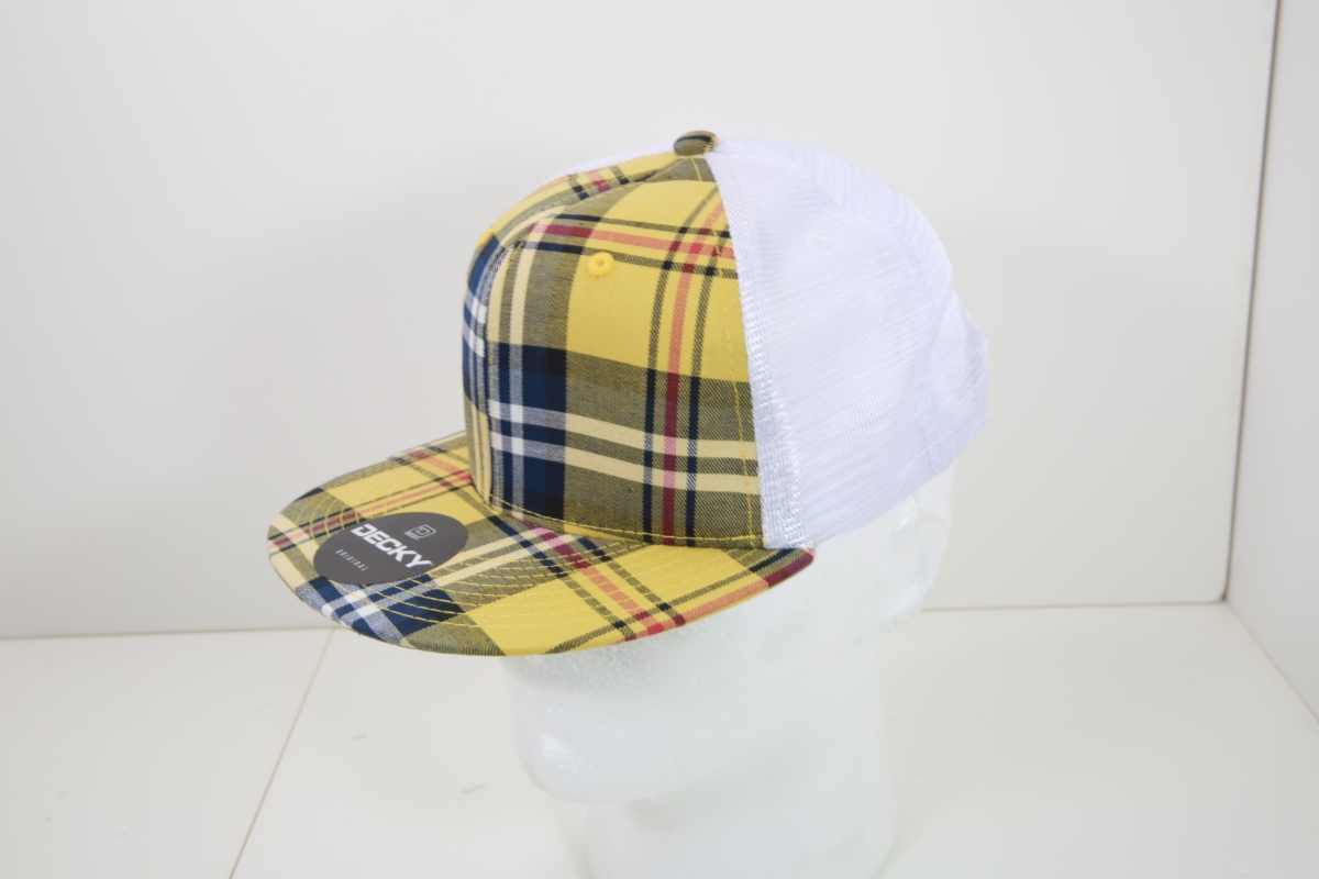 6015-188 6 Panel High Profile Structured Plaid Trucker Hats, 188-White - One Size Fits Most