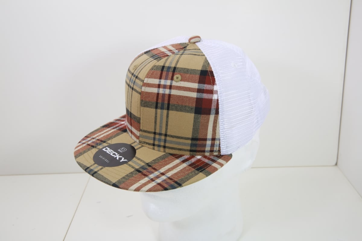 6015-189 6 Panel High Profile Structured Plaid Trucker Hats, 189-White - One Size Fits Most