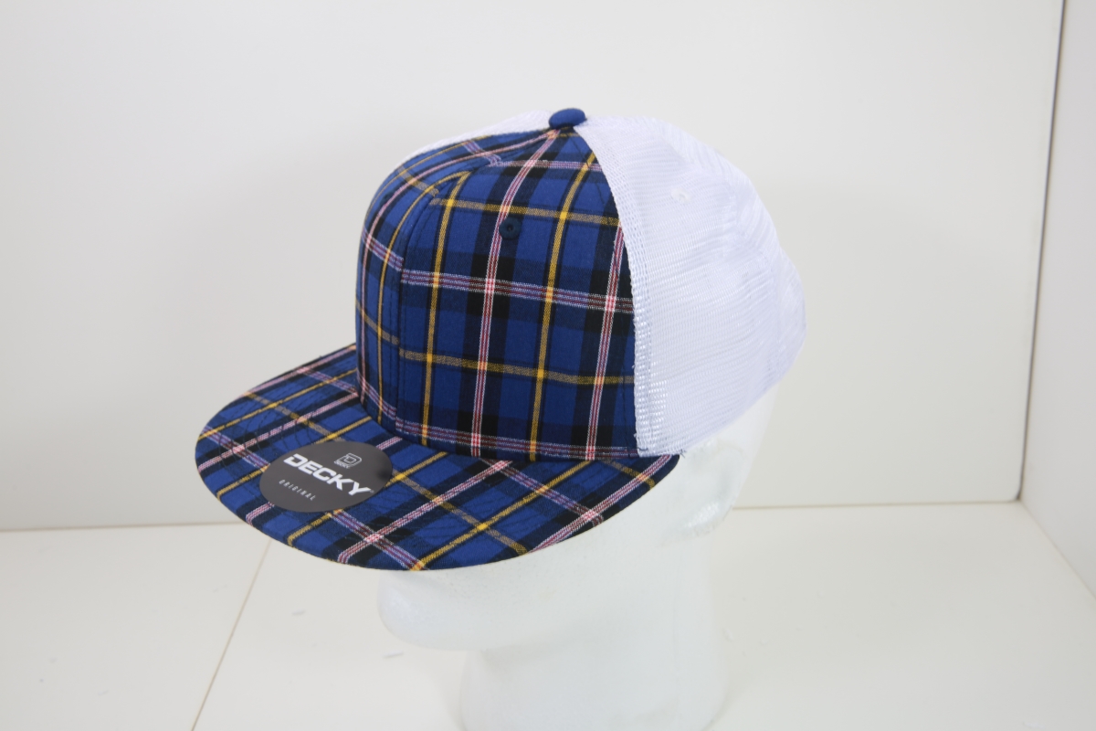 6015-190 6 Panel High Profile Structured Plaid Trucker Hats, 190-White - One Size Fits Most