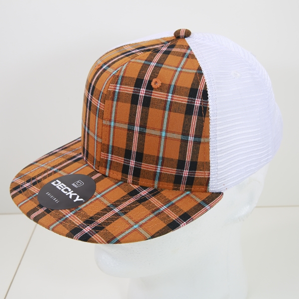 6015-194 6 Panel High Profile Structured Plaid Trucker Hats, 194-White - One Size Fits Most
