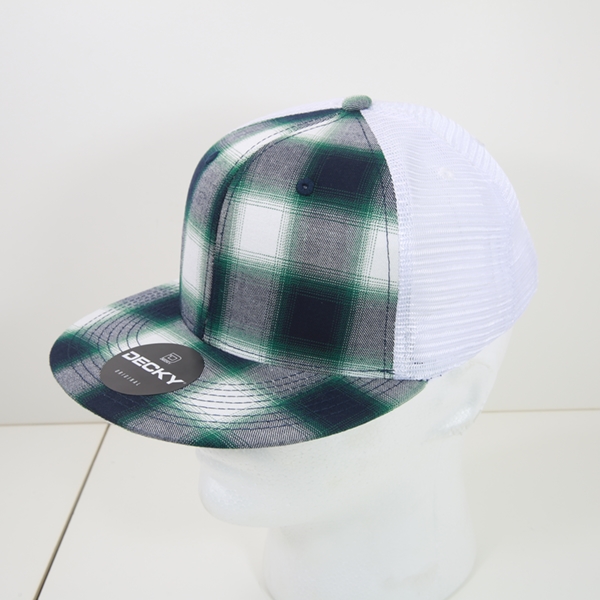 6015-200 6 Panel High Profile Structured Plaid Trucker Hats, 200-White - One Size Fits Most