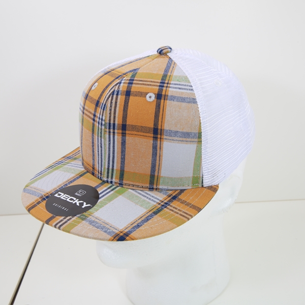 6015-204 6 Panel High Profile Structured Plaid Trucker Hats, 204-White - One Size Fits Most