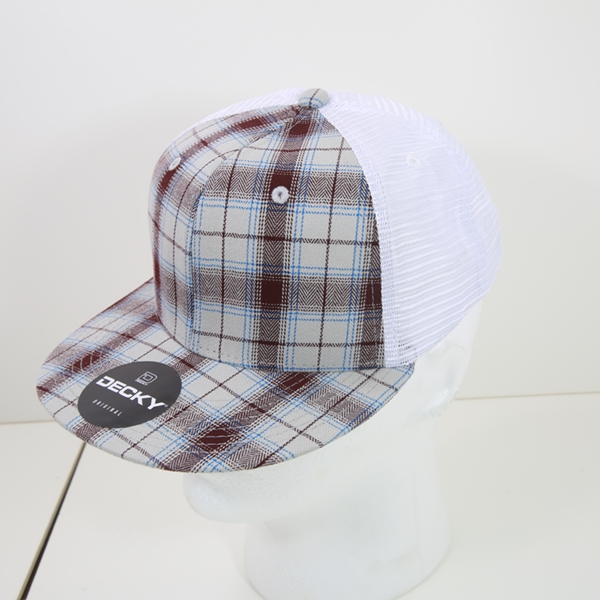 6015-205 6 Panel High Profile Structured Plaid Trucker Hats, 205-White - One Size Fits Most