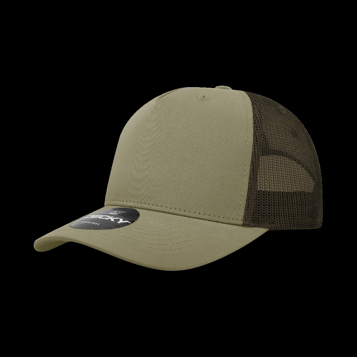6030-4KHABRN 5 Panel Mid Profile Structured Cotton Blend Trucker Hats, Khaki & Brown - One Size Fits Most
