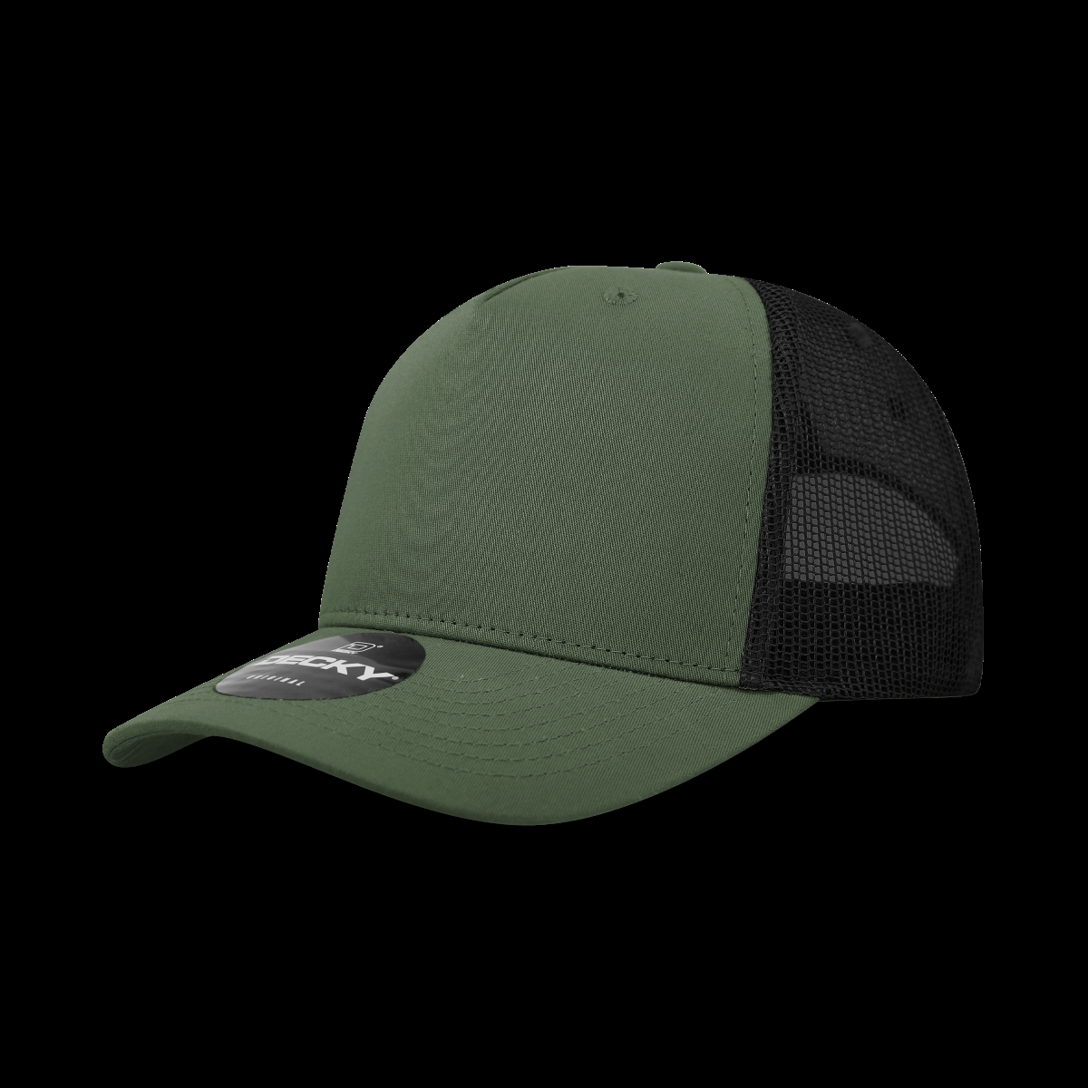 6030-4OLVBLK 5 Panel Mid Profile Structured Cotton Blend Trucker Hats, Olive & Black - One Size Fits Most
