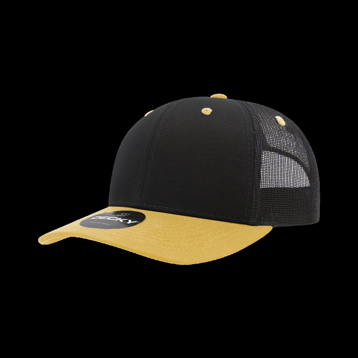 6021-2BLKGLD 6 Panel Mid Profile Structured Cotton Blend Trucker Cap, Black & Gold - One Size Fits Most