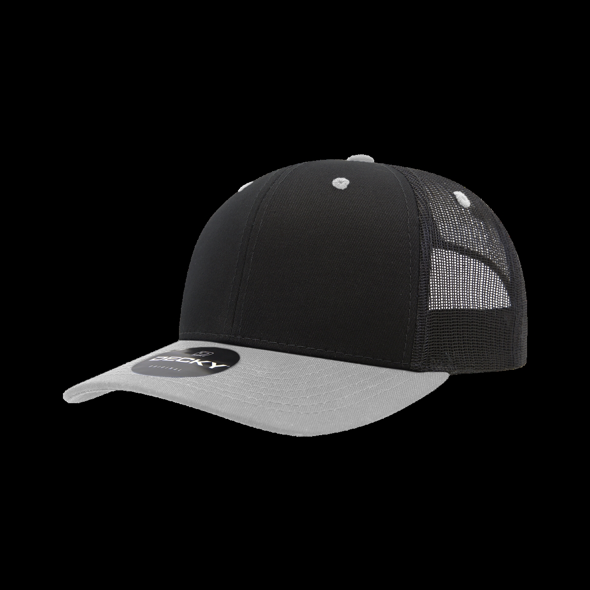 6021-2BLKGREY 6 Panel Mid Profile Structured Cotton Blend Trucker Cap, Black & Grey - One Size Fits Most