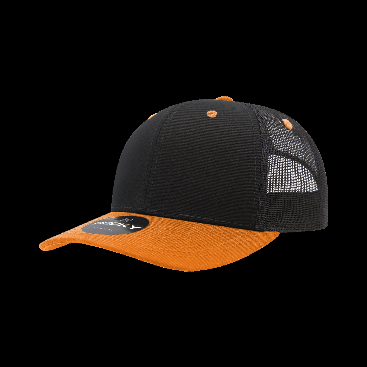 6021-2BLKORN 6 Panel Mid Profile Structured Cotton Blend Trucker Cap, Black & Orange - One Size Fits Most