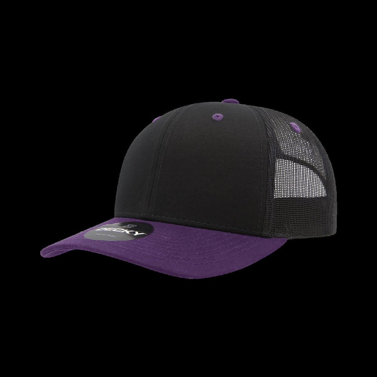 6021-2BLKPUR 6 Panel Mid Profile Structured Cotton Blend Trucker Cap, Black & Purple - One Size Fits Most