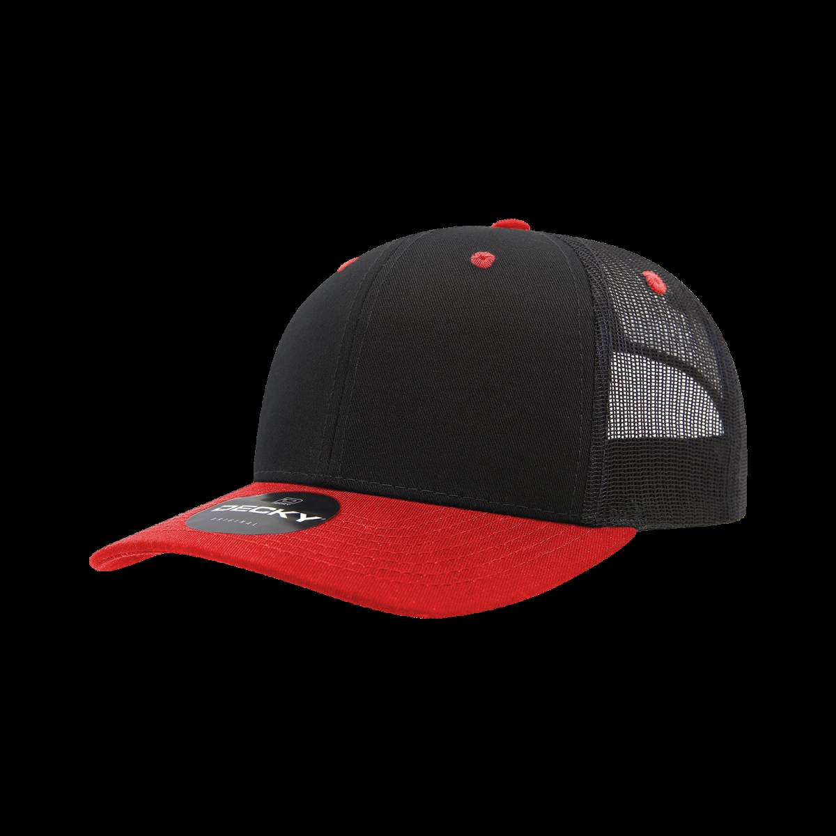 6021-2BLKRED 6 Panel Mid Profile Structured Cotton Blend Trucker Cap, Black & Red - One Size Fits Most