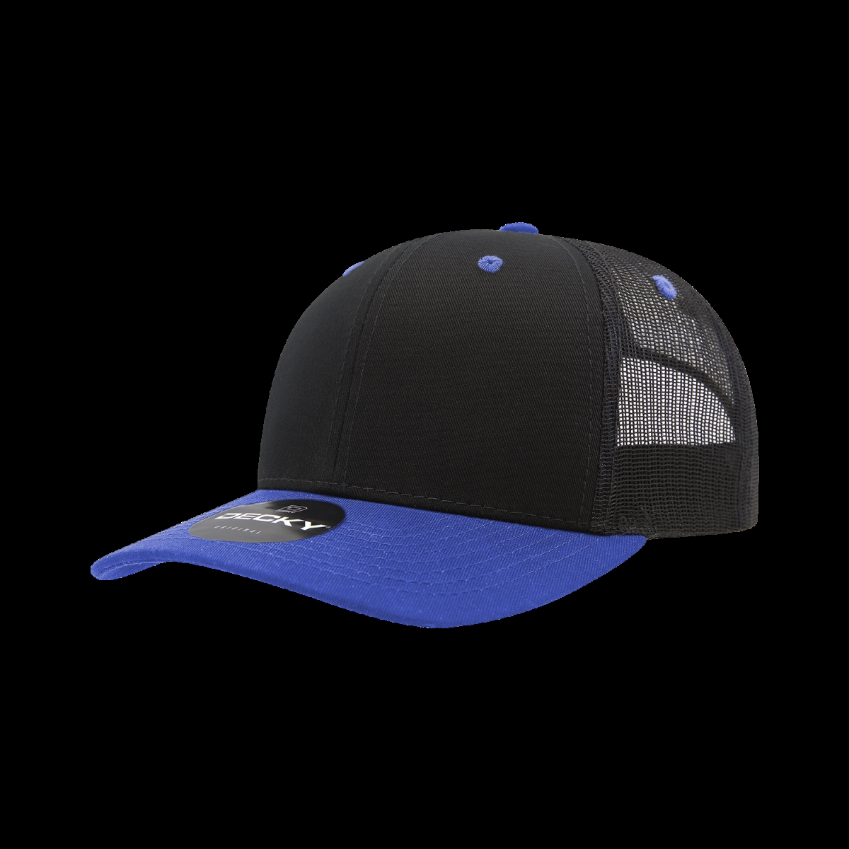 6021-2BLKRYL 6 Panel Mid Profile Structured Cotton Blend Trucker Cap, Black & Royal - One Size Fits Most