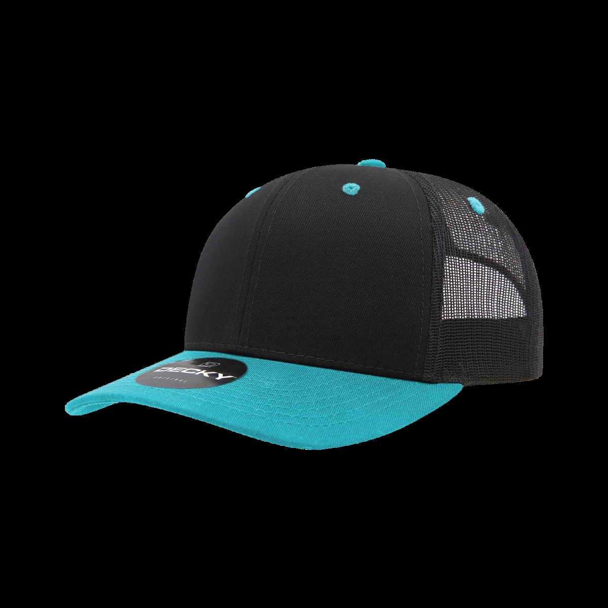 6021-2BLKTEA 6 Panel Mid Profile Structured Cotton Blend Trucker Cap, Black & Teal - One Size Fits Most