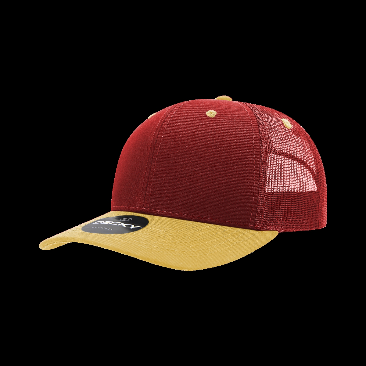 6021-2CARGLD 6 Panel Mid Profile Structured Cotton Blend Trucker Cap, Cardinal & Gold - One Size Fits Most