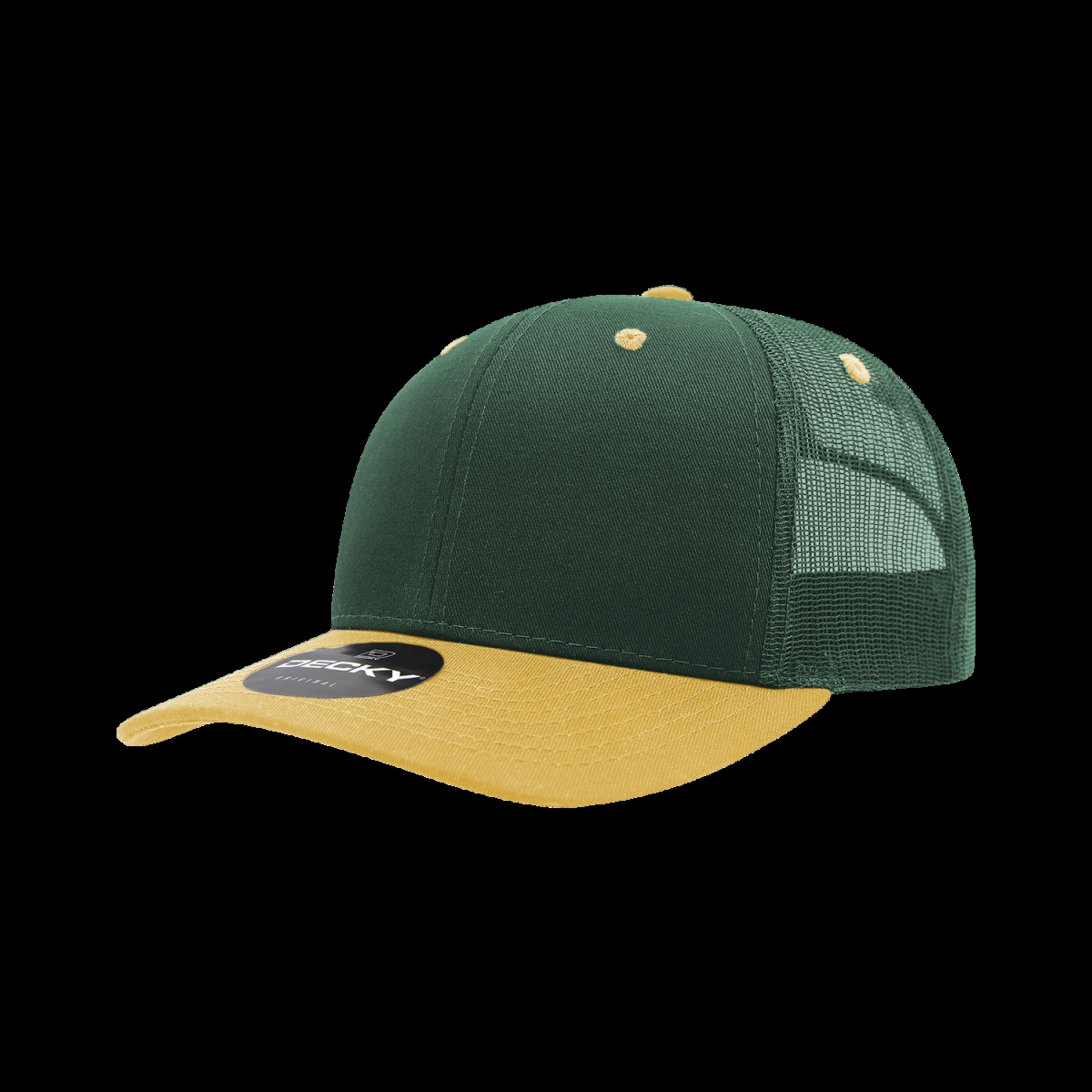 6021-2FORGLD 6 Panel Mid Profile Structured Cotton Blend Trucker Cap, Forest & Gold - One Size Fits Most