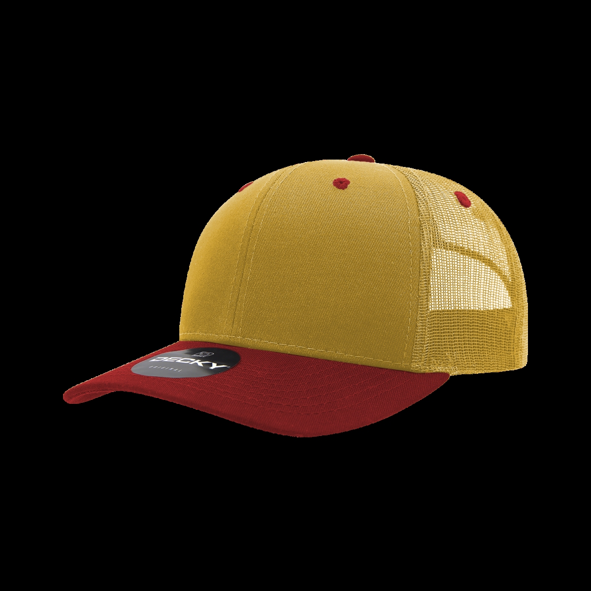 6021-2GLDCAR 6 Panel Mid Profile Structured Cotton Blend Trucker Cap, Gold & Cardinal - One Size Fits Most