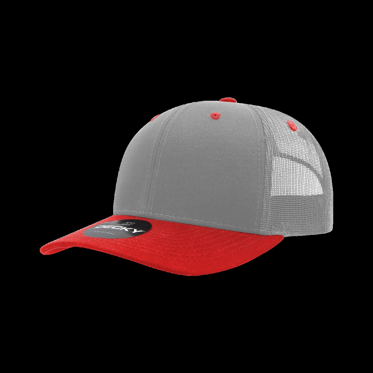 6021-2GRYRED 6 Panel Mid Profile Structured Cotton Blend Trucker Cap, Grey & Red - One Size Fits Most
