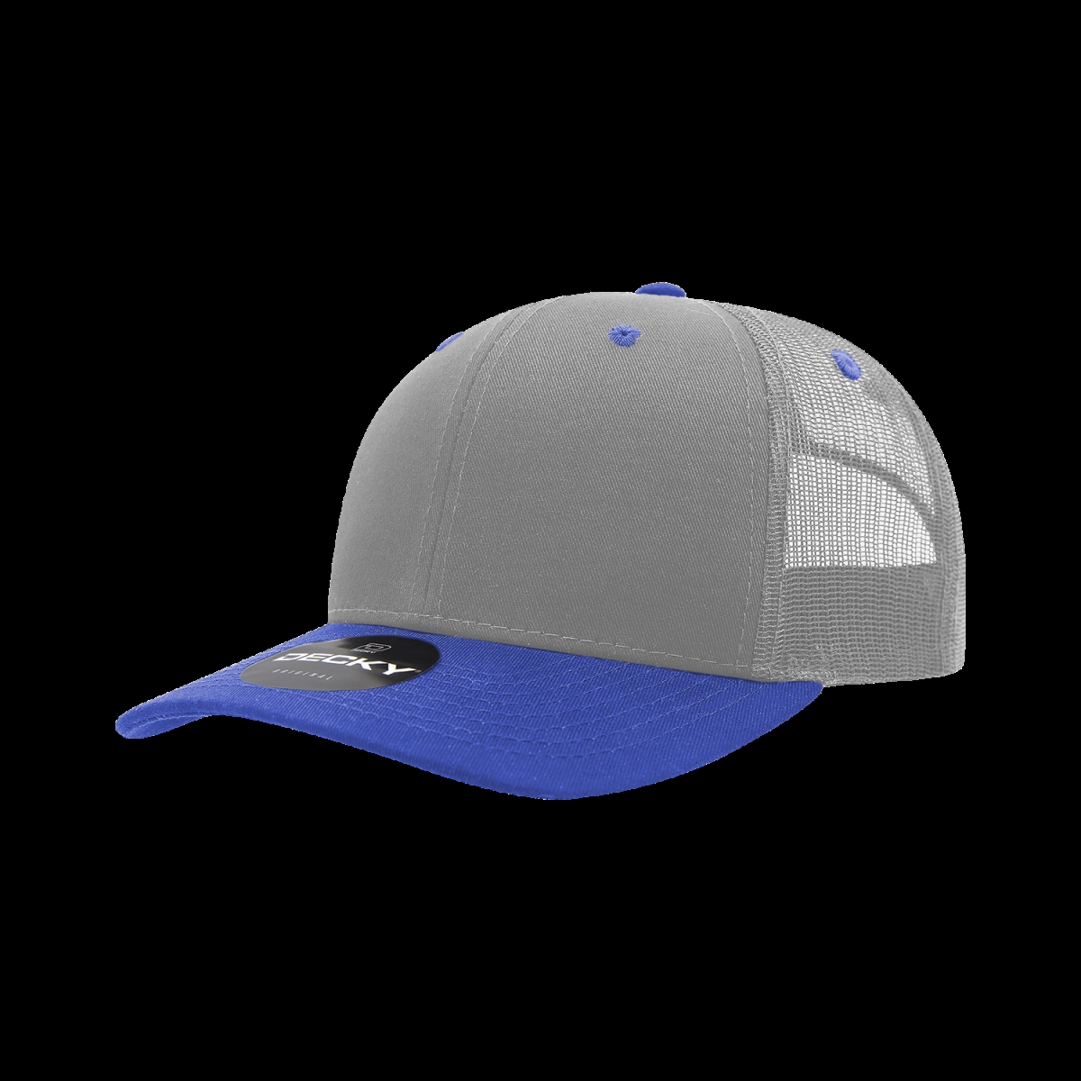 6021-2GRYRYL 6 Panel Mid Profile Structured Cotton Blend Trucker Cap, Grey & Royal - One Size Fits Most
