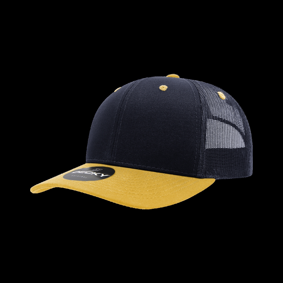 6021-2NVYGLD 6 Panel Mid Profile Structured Cotton Blend Trucker Cap, Navy & Gold - One Size Fits Most