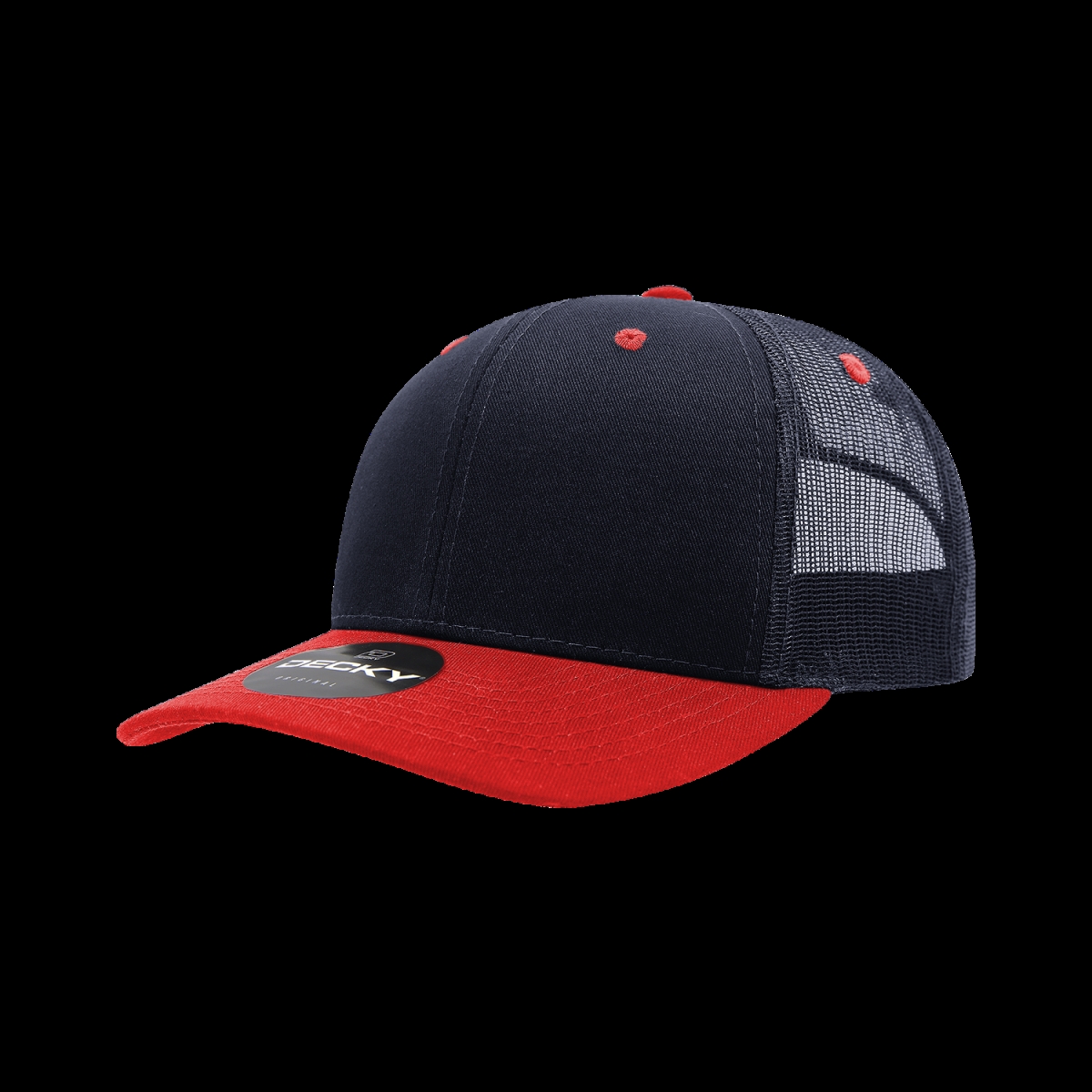 6021-2NVYRED 6 Panel Mid Profile Structured Cotton Blend Trucker Cap, Navy & Red - One Size Fits Most