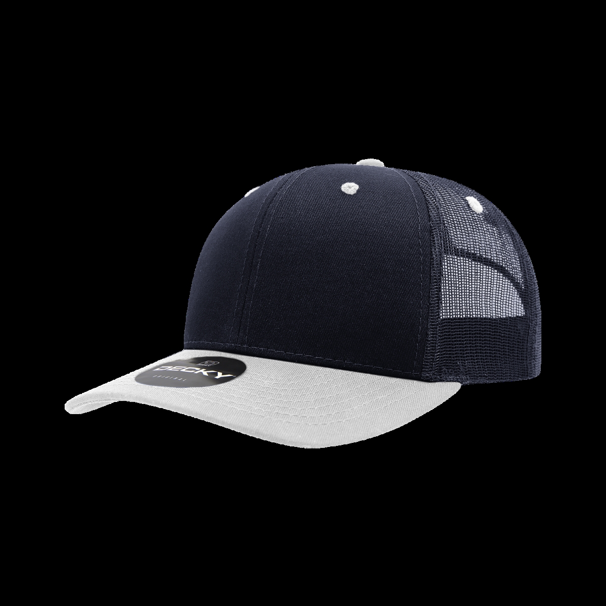 6021-2NVYWHT 6 Panel Mid Profile Structured Cotton Blend Trucker Cap, Navy & White - One Size Fits Most