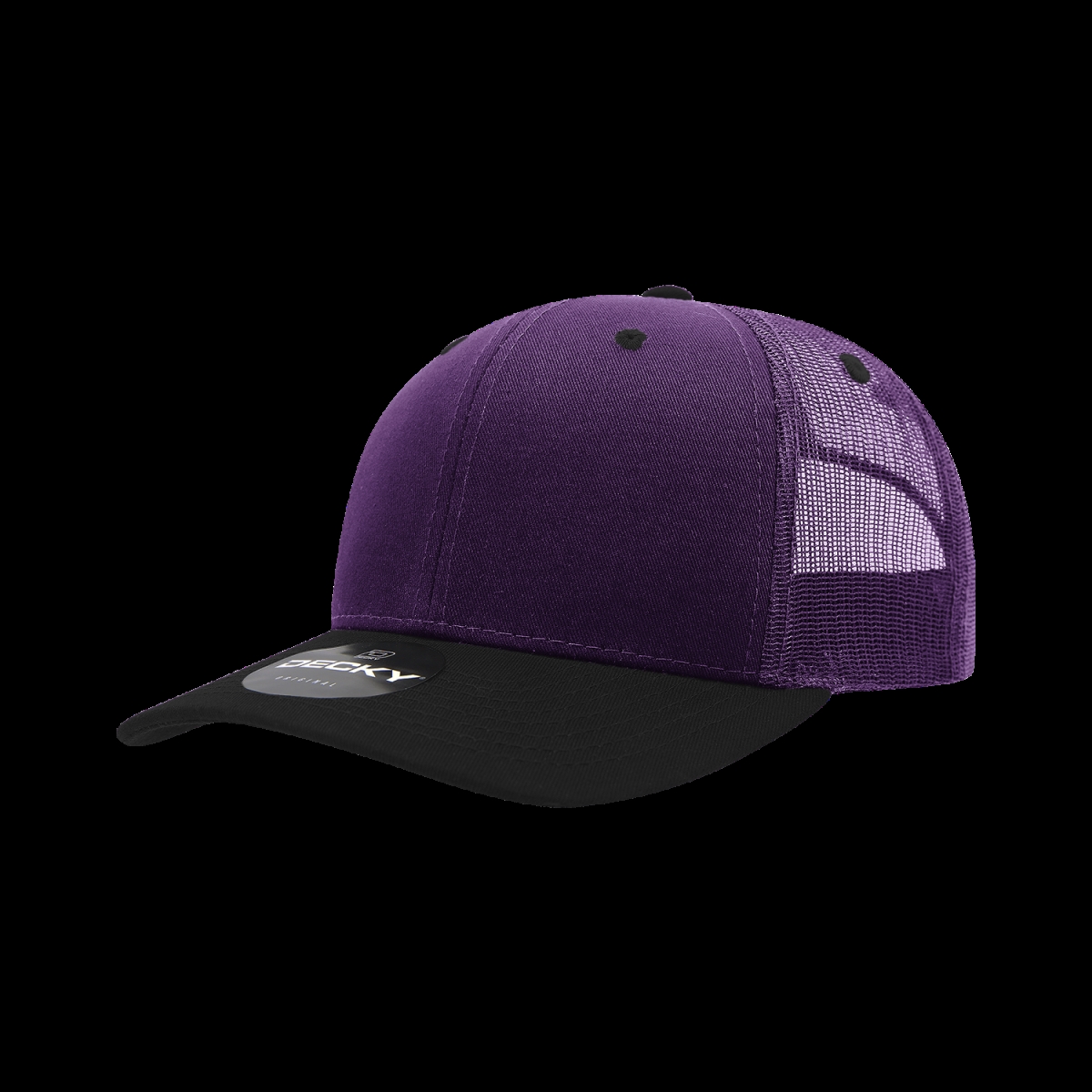 6021-2PURBLK 6 Panel Mid Profile Structured Cotton Blend Trucker Cap, Purple & Black - One Size Fits Most