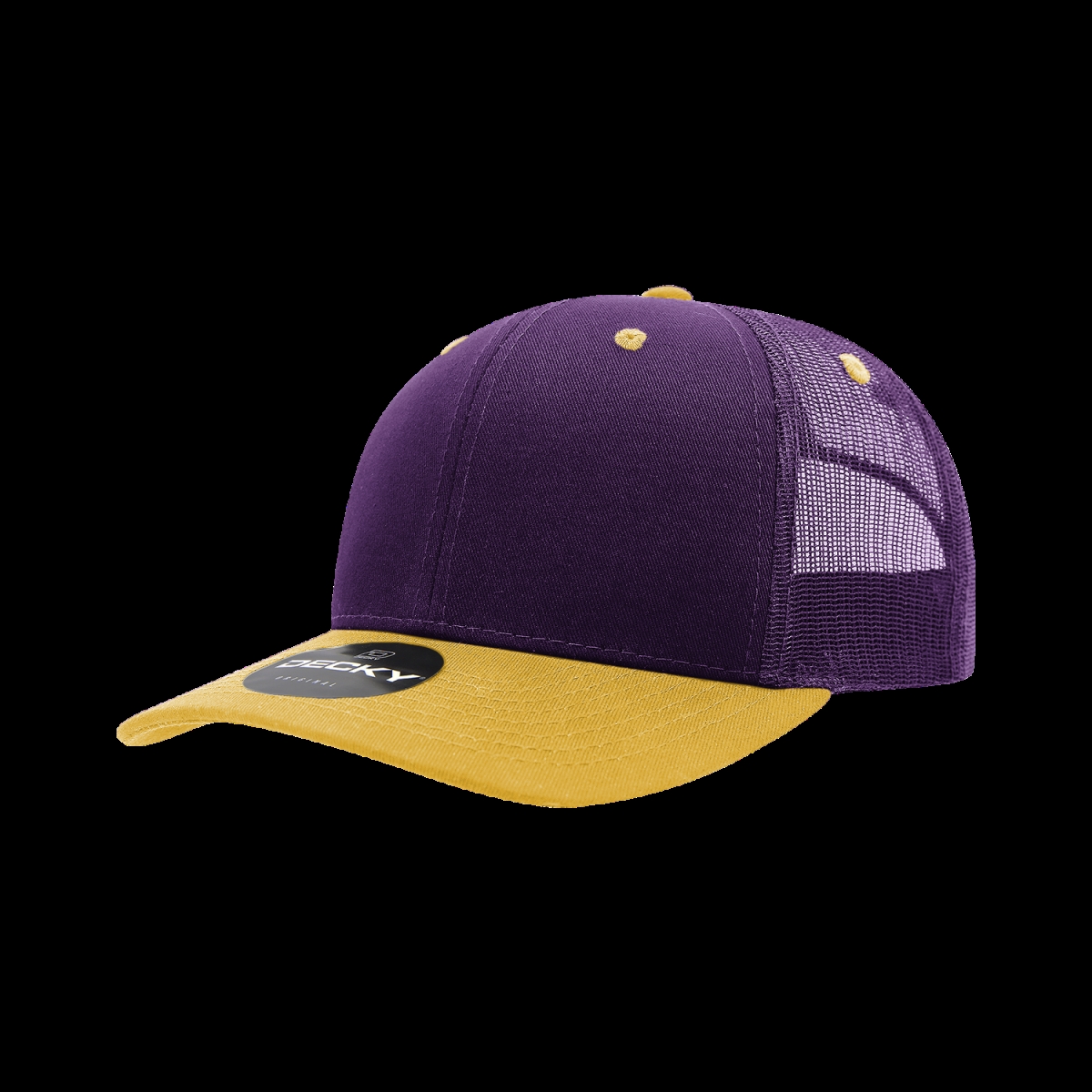 6021-2PURGLD 6 Panel Mid Profile Structured Cotton Blend Trucker Cap, Purple & Gold - One Size Fits Most